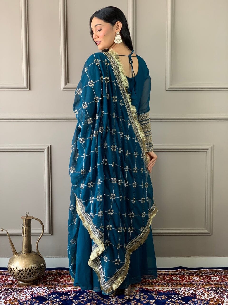 Peacock Blue Georgette Gown with Embroidered Dupatta and Silk Pant Ready Made Designer Suits Shopin Di Apparels 