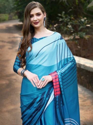 Peacock Blue Satin Silk Saree with Blouse Satin Saree Shopin Di Apparels 