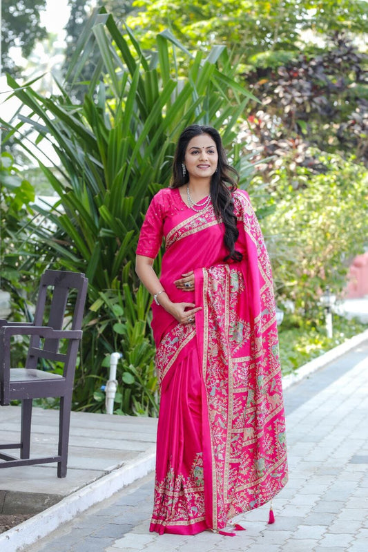 Pink Dola Silk Saree With Mill Foil Print Silk Saree Shopin Di Apparels 