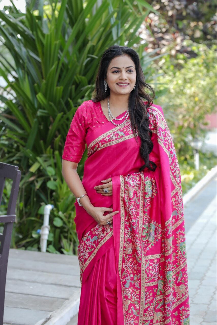 Pink Dola Silk Saree With Mill Foil Print Silk Saree Shopin Di Apparels 