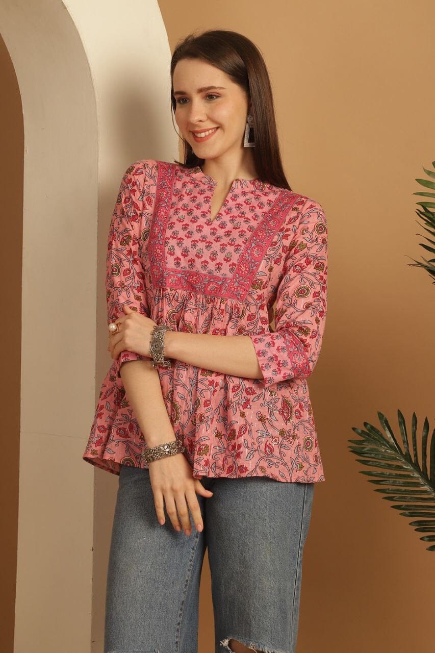 Pink Floral Pure Cotton Printed Western Top Western Top Shopin Di Apparels 