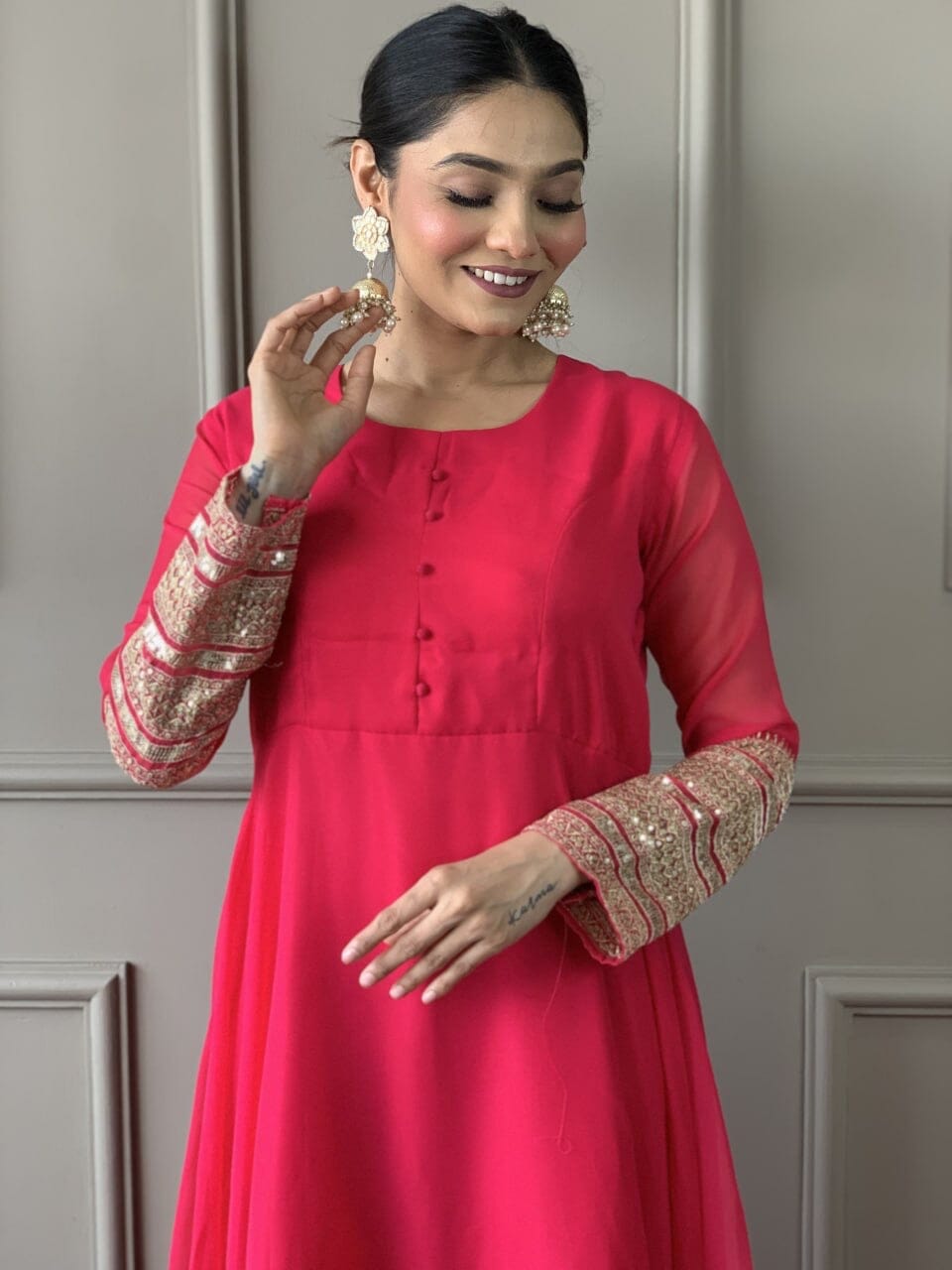 Pink Georgette Gown with Embroidered Dupatta and Silk Pant Ready Made Designer Suits Shopin Di Apparels 