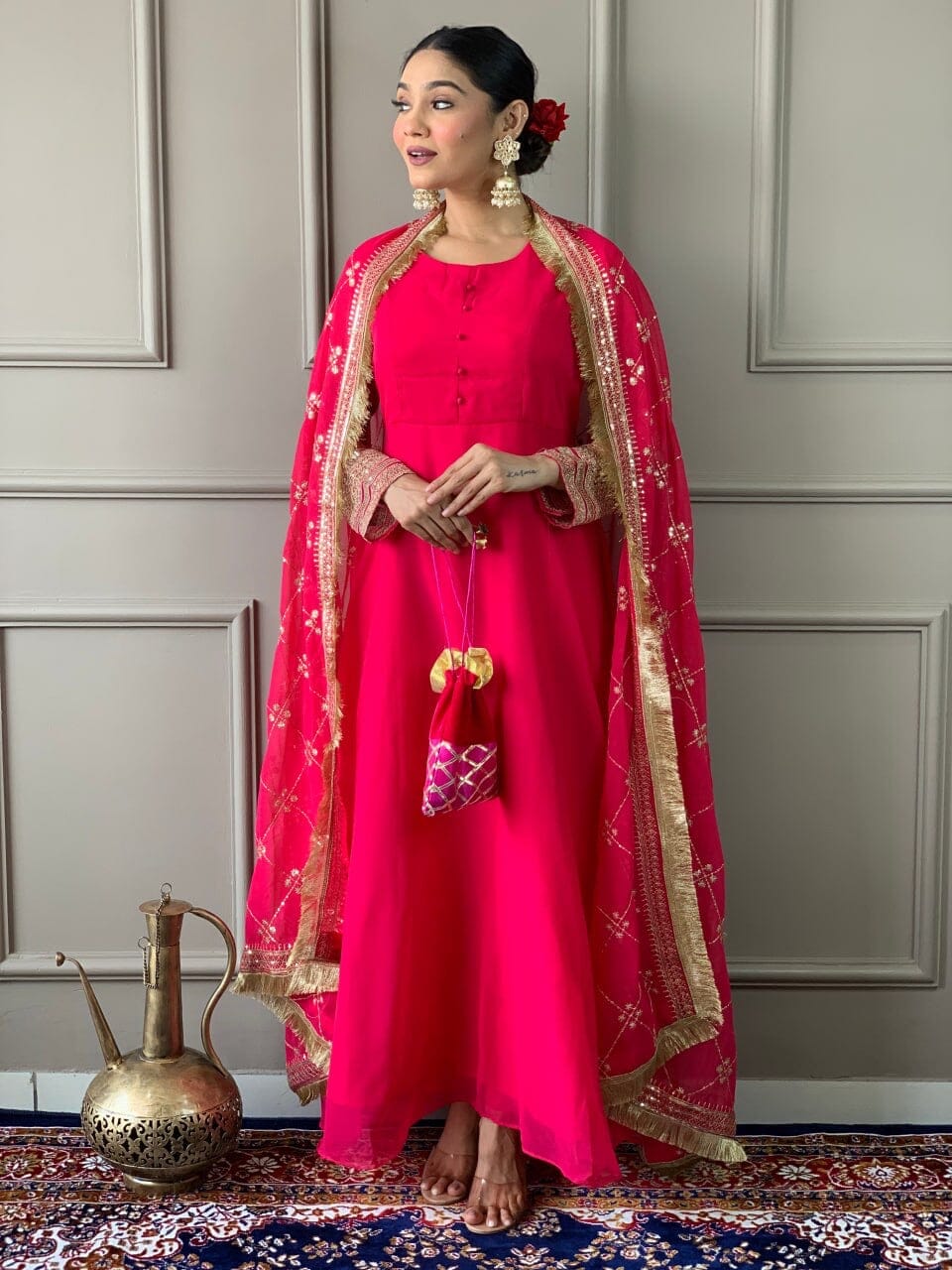 Pink Georgette Gown with Embroidered Dupatta and Silk Pant Ready Made Designer Suits Shopin Di Apparels 