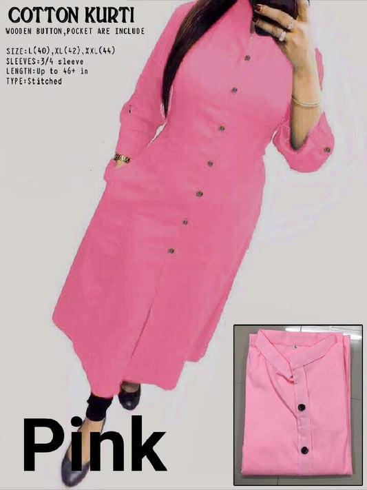 Pink Plain Collar Cotton Kurti with Button and Pockets Kurti Shopin Di Apparels 
