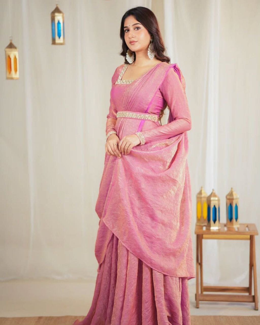 Pink Premium Gold Crush Handwork Gown with Dupatta Gown with Dupatta Shopin Di Apparels 