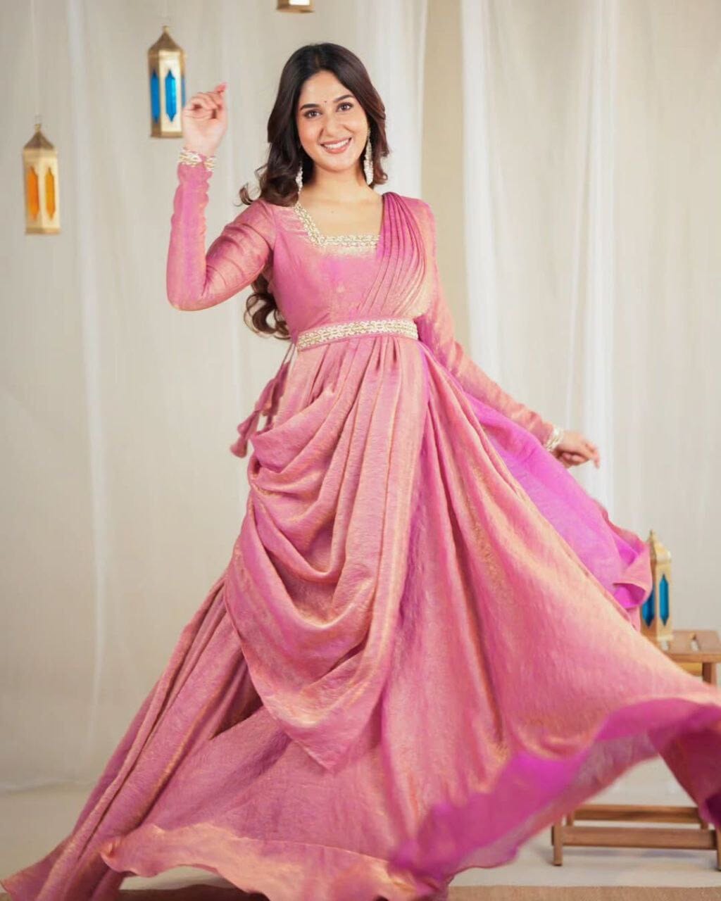 Pink Premium Gold Crush Handwork Gown with Dupatta Gown with Dupatta Shopin Di Apparels 