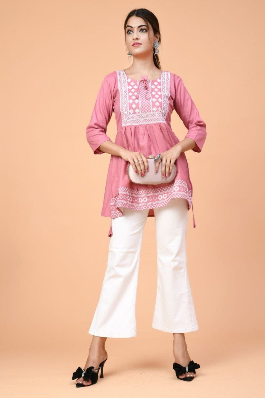 Pink Rayon Embroidered Kurti Short Top Kurti Shopin Di Apparels 