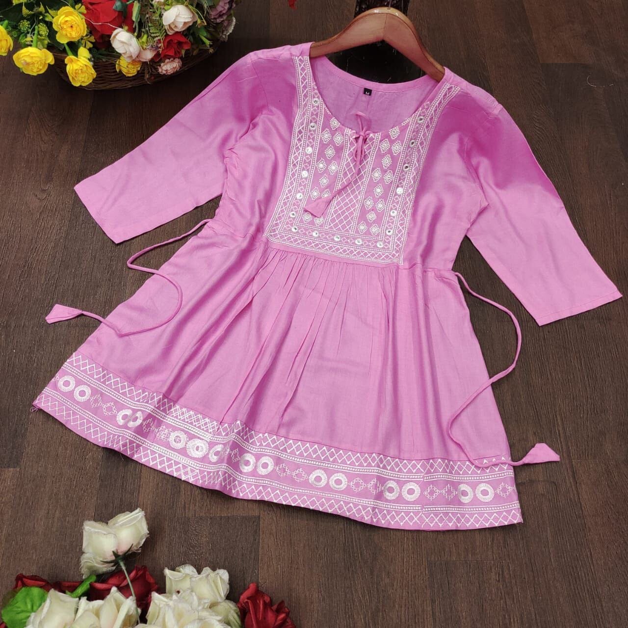 Pink Rayon Embroidered Kurti Short Top Kurti Shopin Di Apparels 