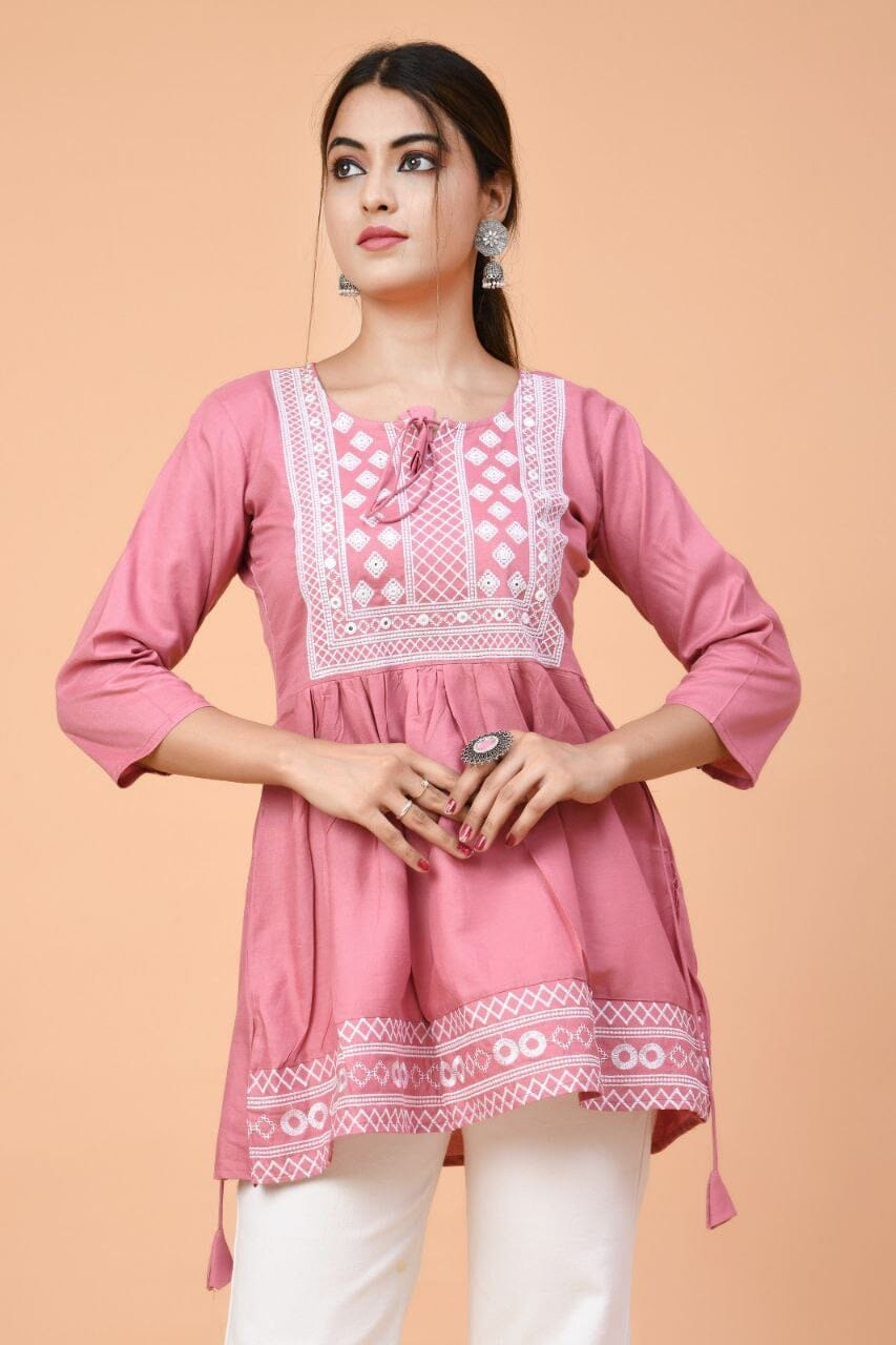 Pink Rayon Embroidered Kurti Short Top Kurti Shopin Di Apparels 