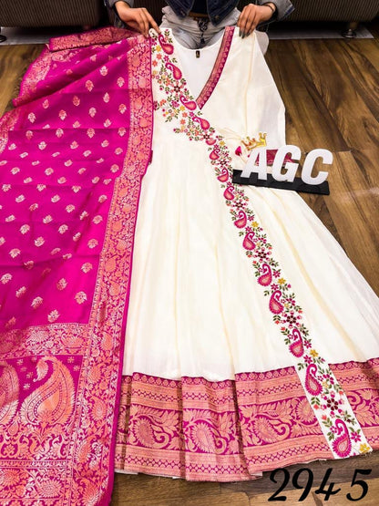 Premium Mul Cotton Anghrakha Gown with Banarasi Dupatta Gown with Dupatta Shopin Di Apparels 