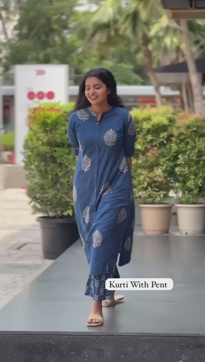 Dark Blue Cotton Printed Kurti and Pant set