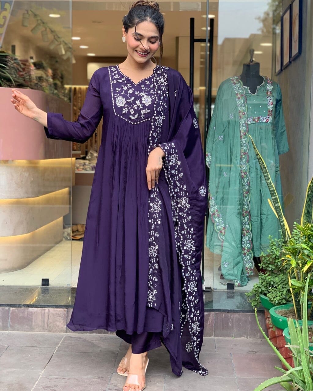 Purple Chanderi Silk Top with Silk Dupatta and Pant Set Ready Made Designer Suits Shopin Di Apparels 