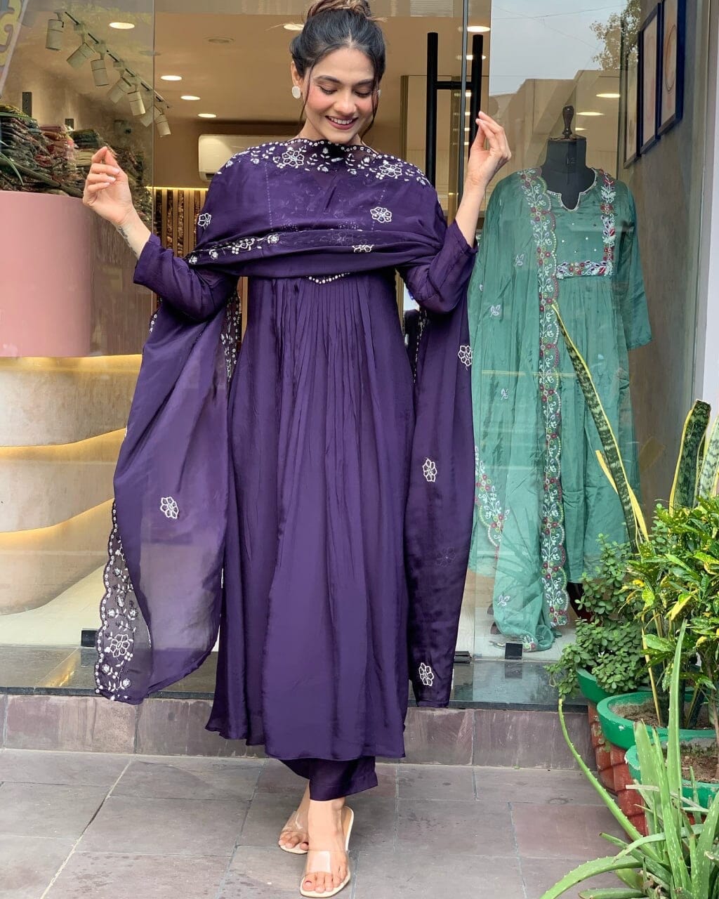 Purple Chanderi Silk Top with Silk Dupatta and Pant Set Ready Made Designer Suits Shopin Di Apparels 