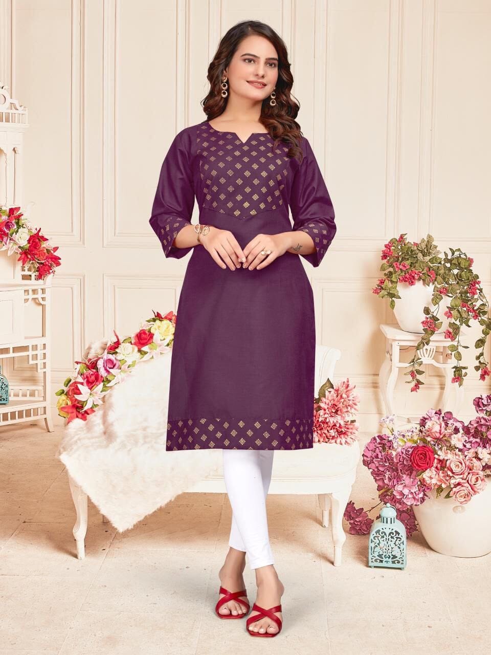 Purple Cotton Kurti with Foil Print Kurti Shopin Di Apparels 