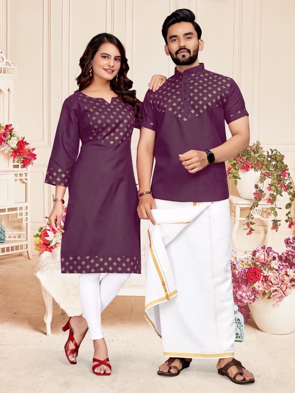 Purple Foil Print Cotton Kurti & Kurta Couple Combo Combo Shopin Di Apparels 