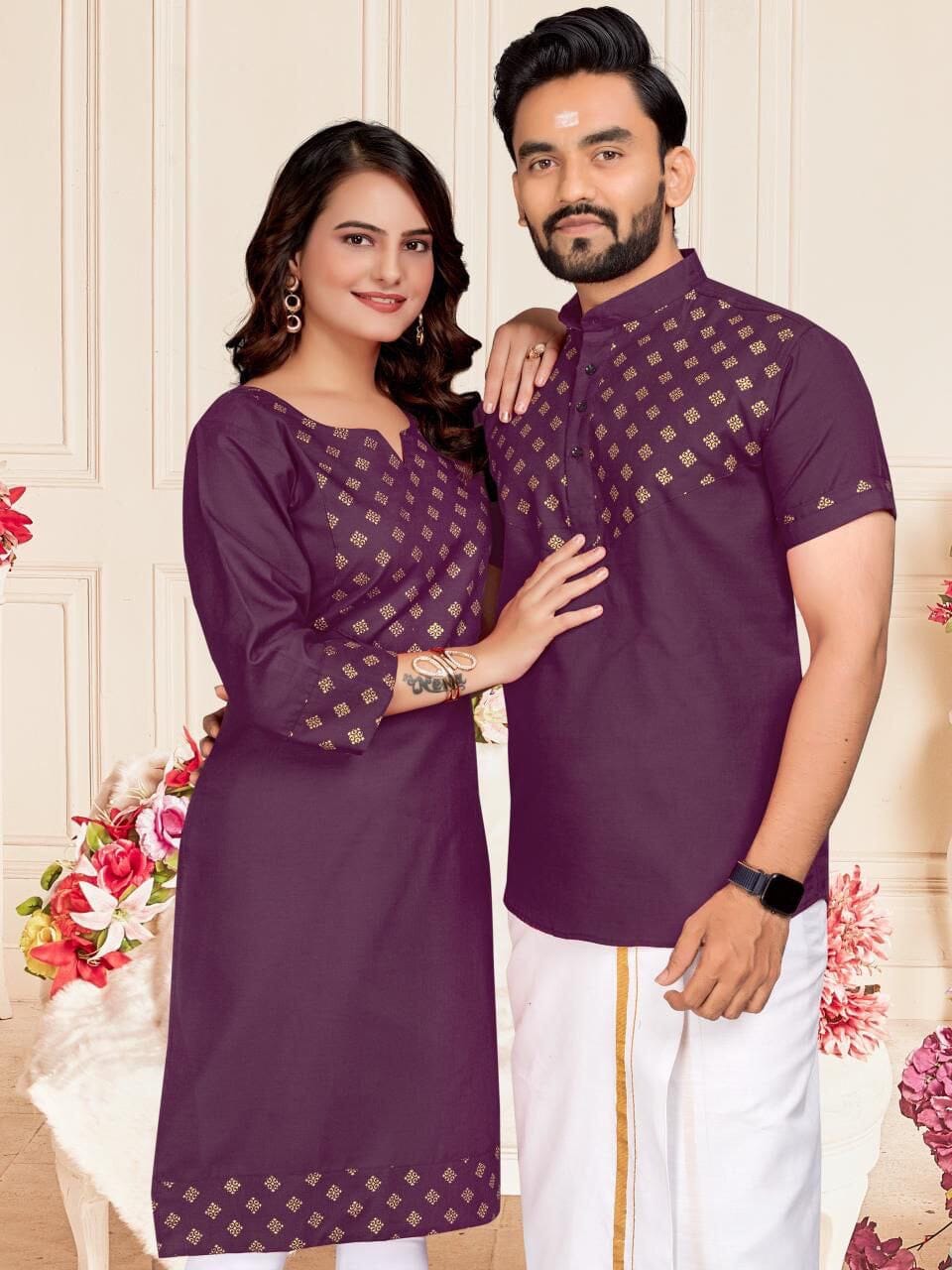 Purple Foil Print Cotton Kurti & Kurta Couple Combo Combo Shopin Di Apparels 