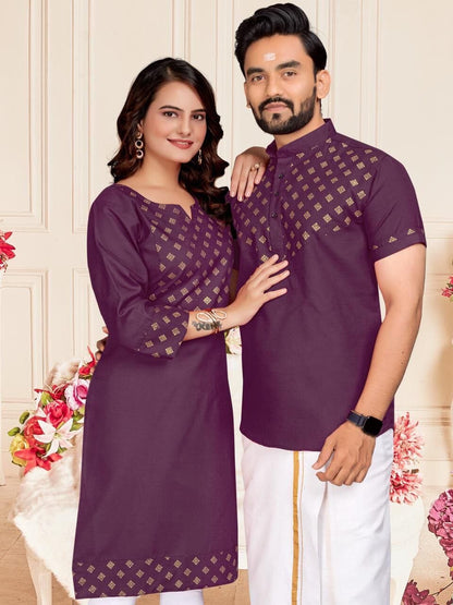 Purple Foil Print Cotton Kurti & Kurta Couple Combo Combo Shopin Di Apparels 