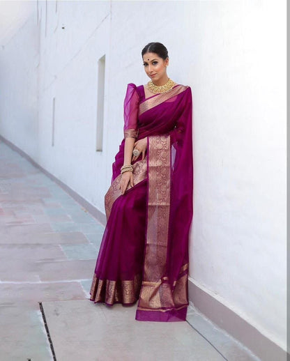 Purple Kora Orgenza jacquard Soft Saree Organza Saree Shopin Di Apparels 