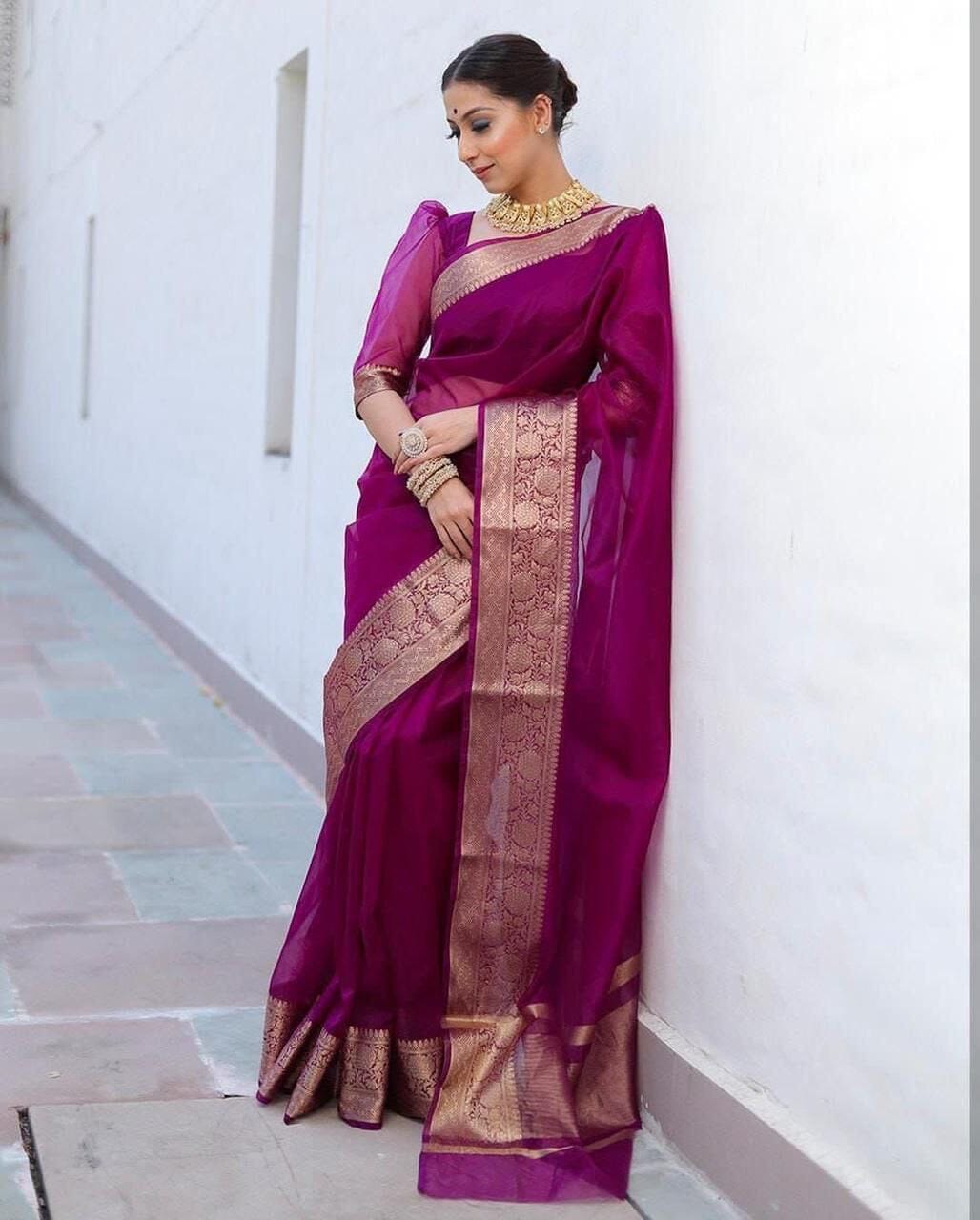 Purple Kora Orgenza jacquard Soft Saree Organza Saree Shopin Di Apparels 