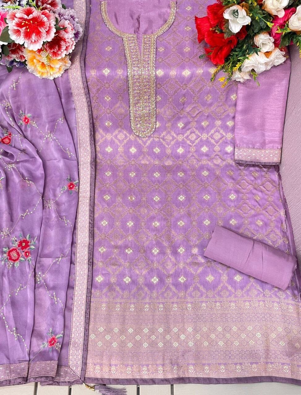 Purple Pure Viscose Jacquard Embroidered Stone work Designer Suit Designer Suits Shopin Di Apparels 