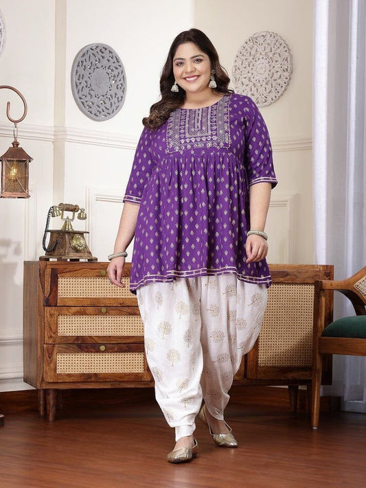 Purple Rayon Embroidered Kurti with Dhoti Shopin Di Apparels 