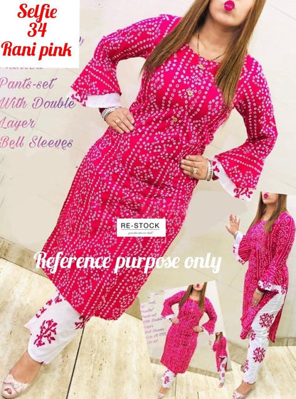 Rani Pink Bandhej Printed Bell Sleeve Kurti with Plazzo set Kurti with plazzo Shopin Di Apparels 