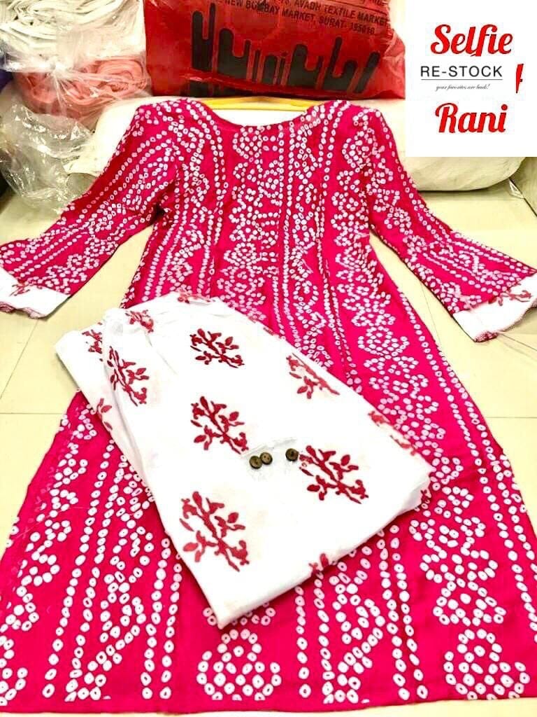 Rani Pink Bandhej Printed Bell Sleeve Kurti with Plazzo set Kurti with plazzo Shopin Di Apparels 