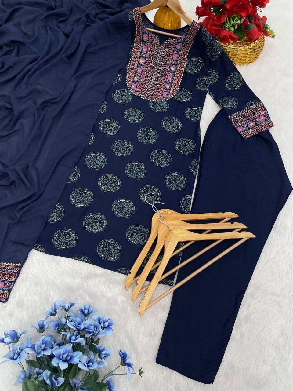 Rayon Foil Printed Kurti with Dupatta and Pant in 4 colors Kurti with Bottom and Dupatta Shopin Di Apparels 