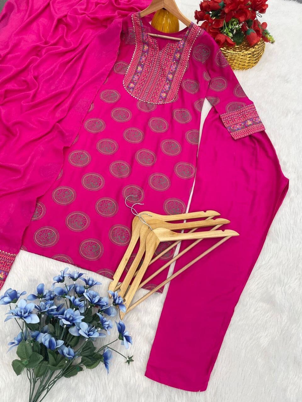 Rayon Foil Printed Kurti with Dupatta and Pant in 4 colors Kurti with Bottom and Dupatta Shopin Di Apparels 