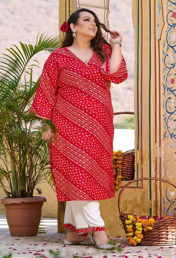 Red Bandhani Printed Rayon Kurta and Pant Set Kurti with Pant Shopin Di Apparels 