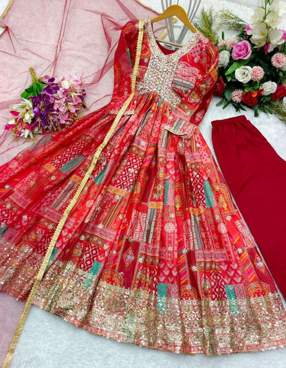 Red Chinnon Silk Aliya Cut Designer Anarkali Suit Ready Made Designer Suits Shopin Di Apparels 