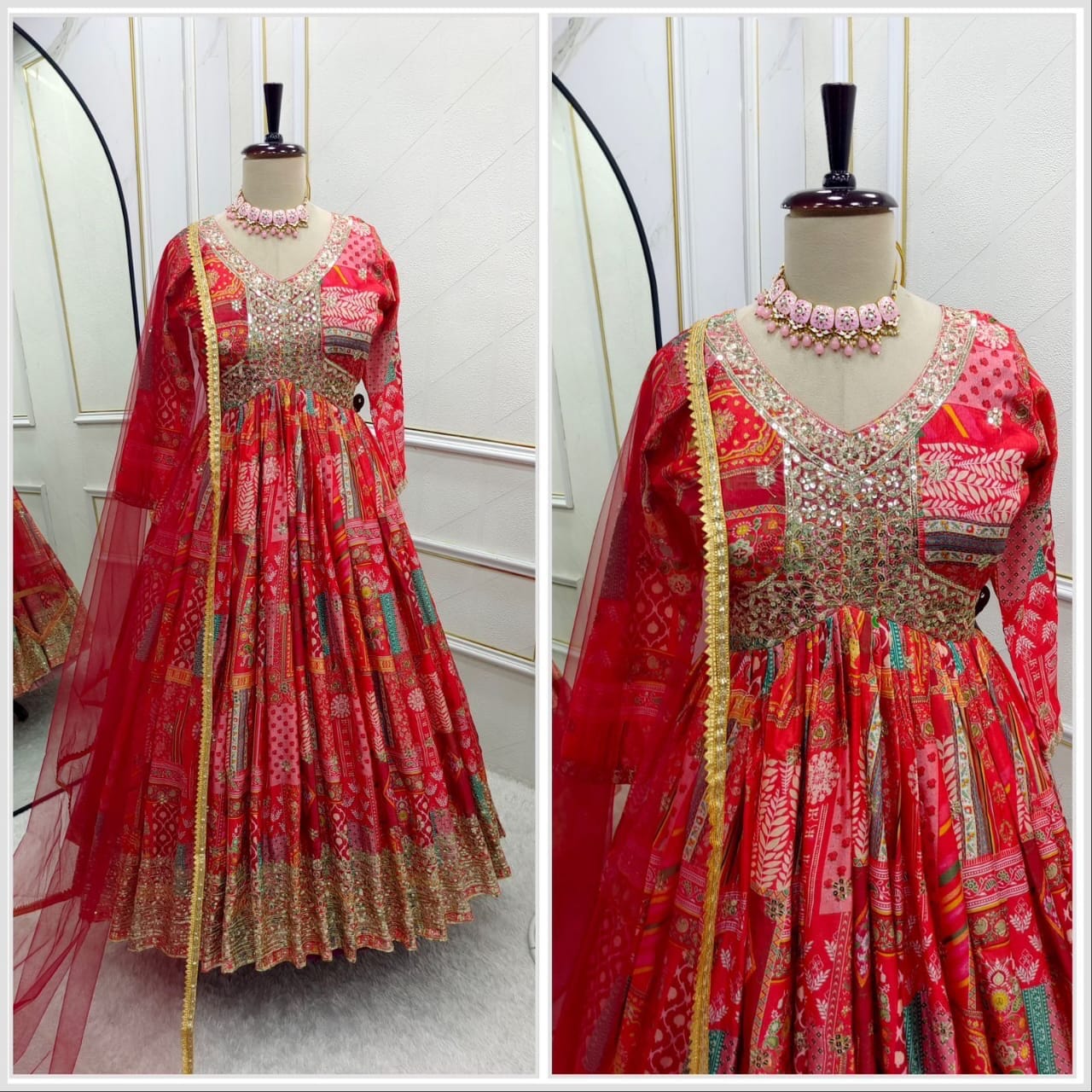 Red Chinnon Silk Aliya Cut Designer Anarkali Suit Ready Made Designer Suits Shopin Di Apparels 