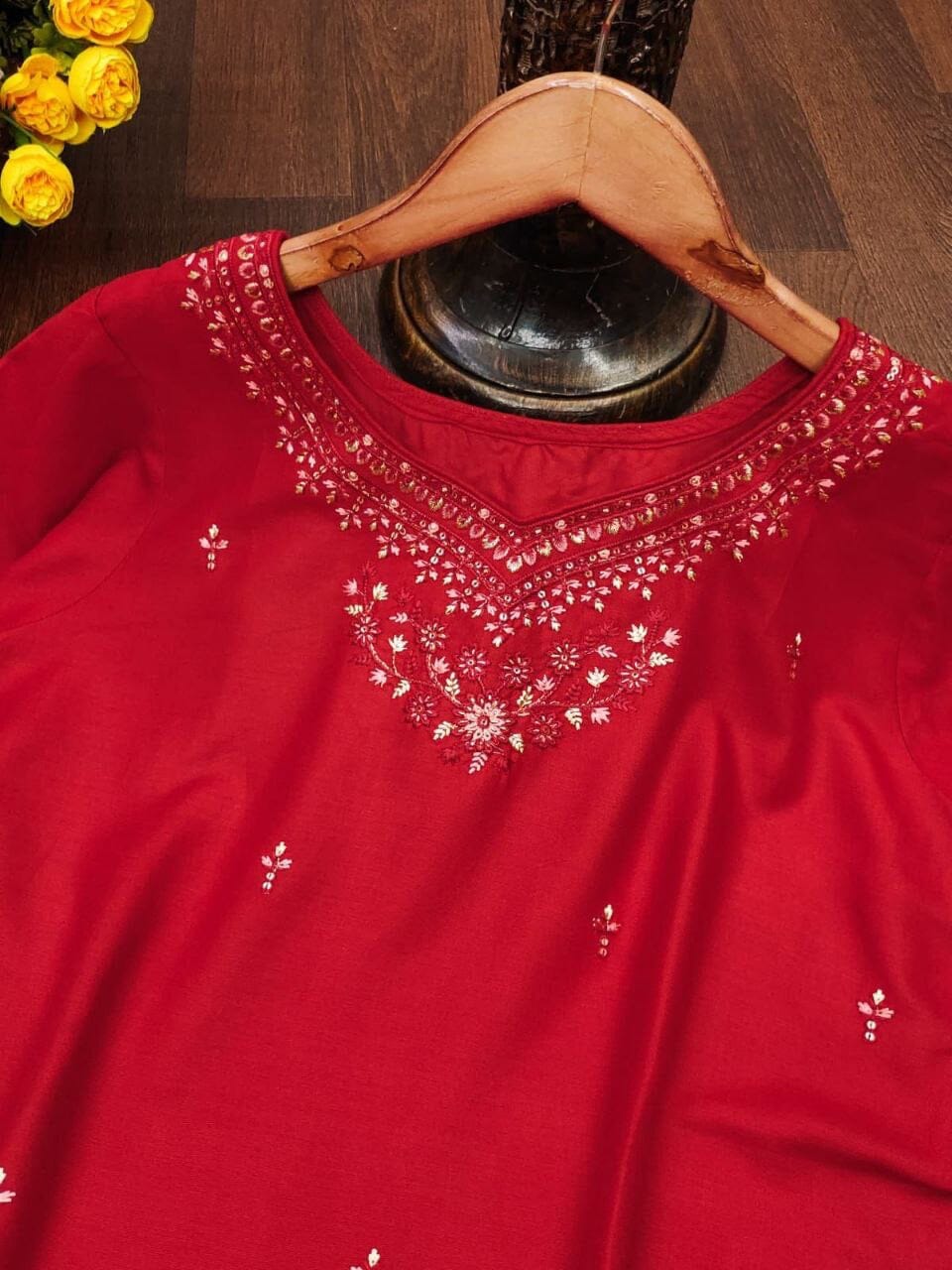 Red DHAMAKA Rayon Embroidered Kurti Kurti Shopin Di Apparels 