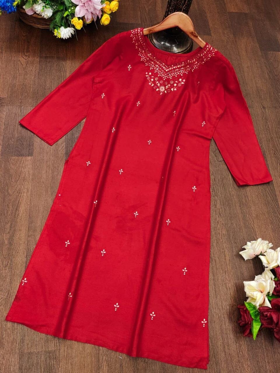 Red DHAMAKA Rayon Embroidered Kurti Kurti Shopin Di Apparels 