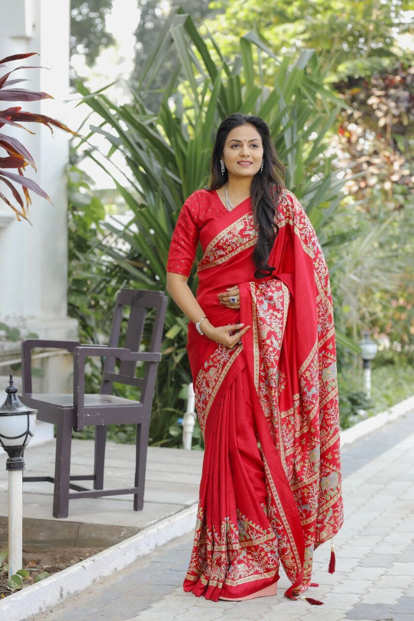 Red Dola Silk saree with Mill Foil Print Silk Saree Shopin Di Apparels 