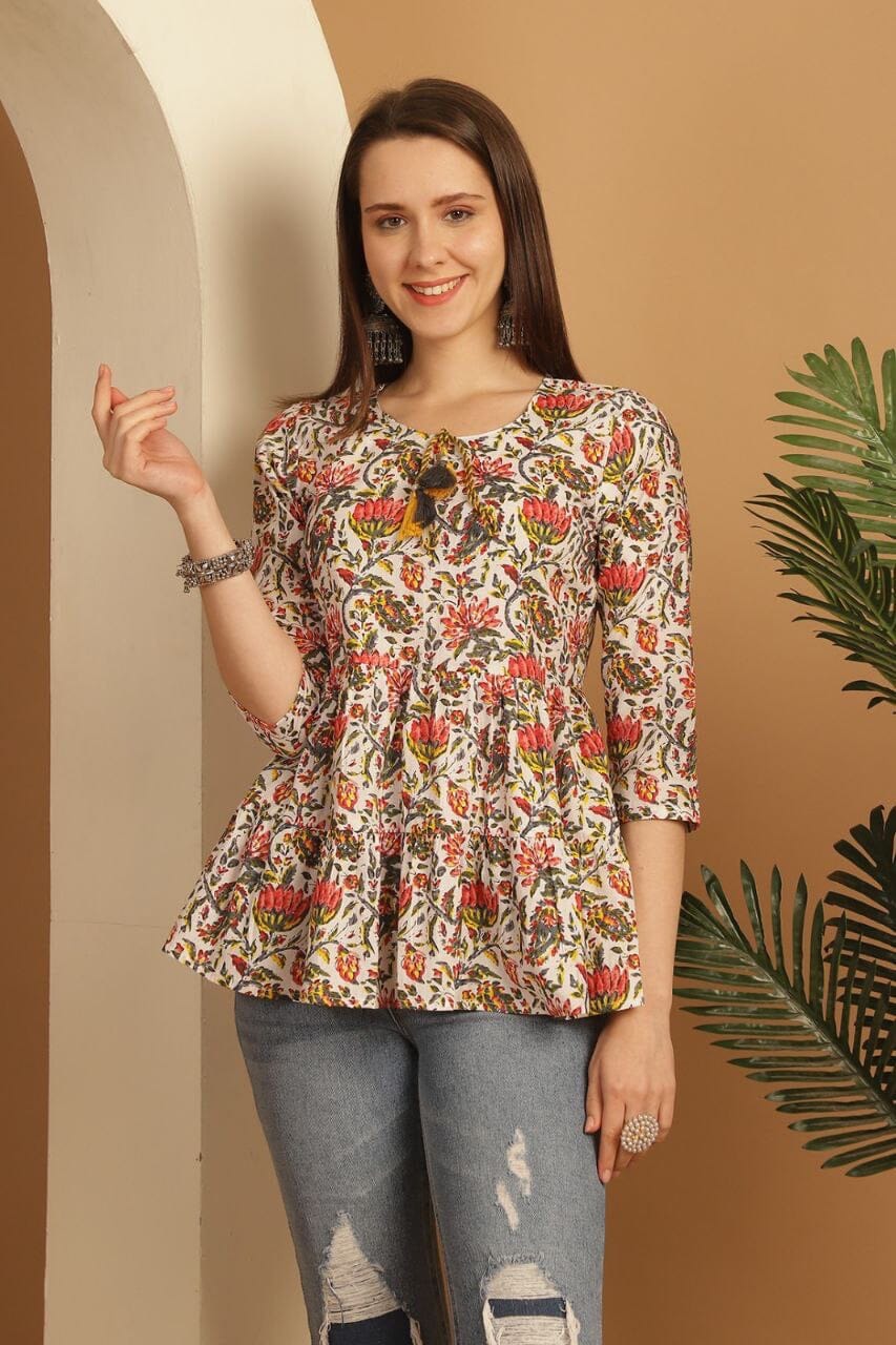 Red Flower Pure Cotton Printed Western Top Western Top Shopin Di Apparels 