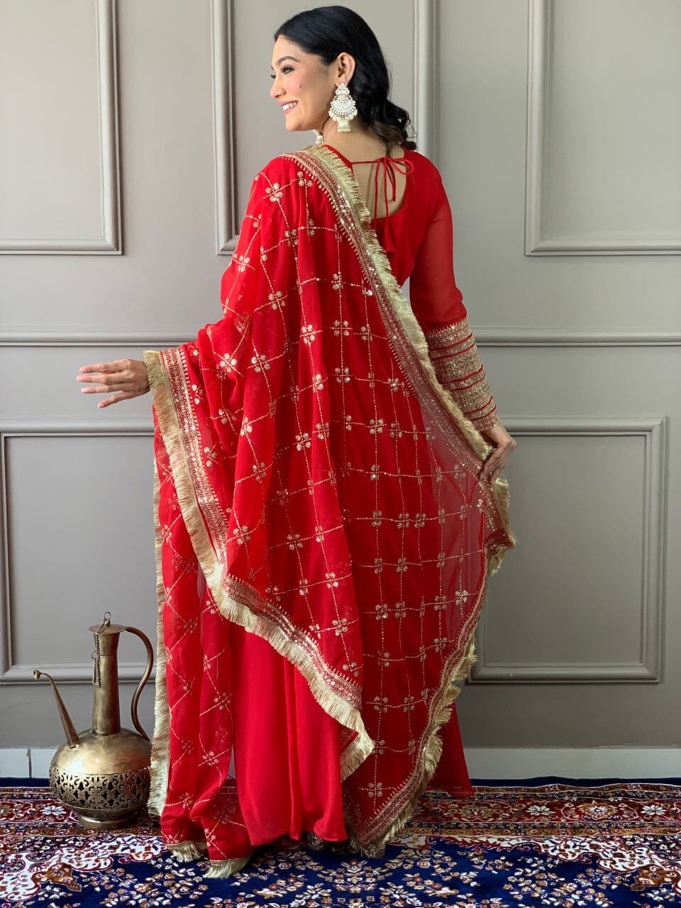 Red Georgette Gown with Embroidered Dupatta and Silk Pant Ready Made Designer Suits Shopin Di Apparels 