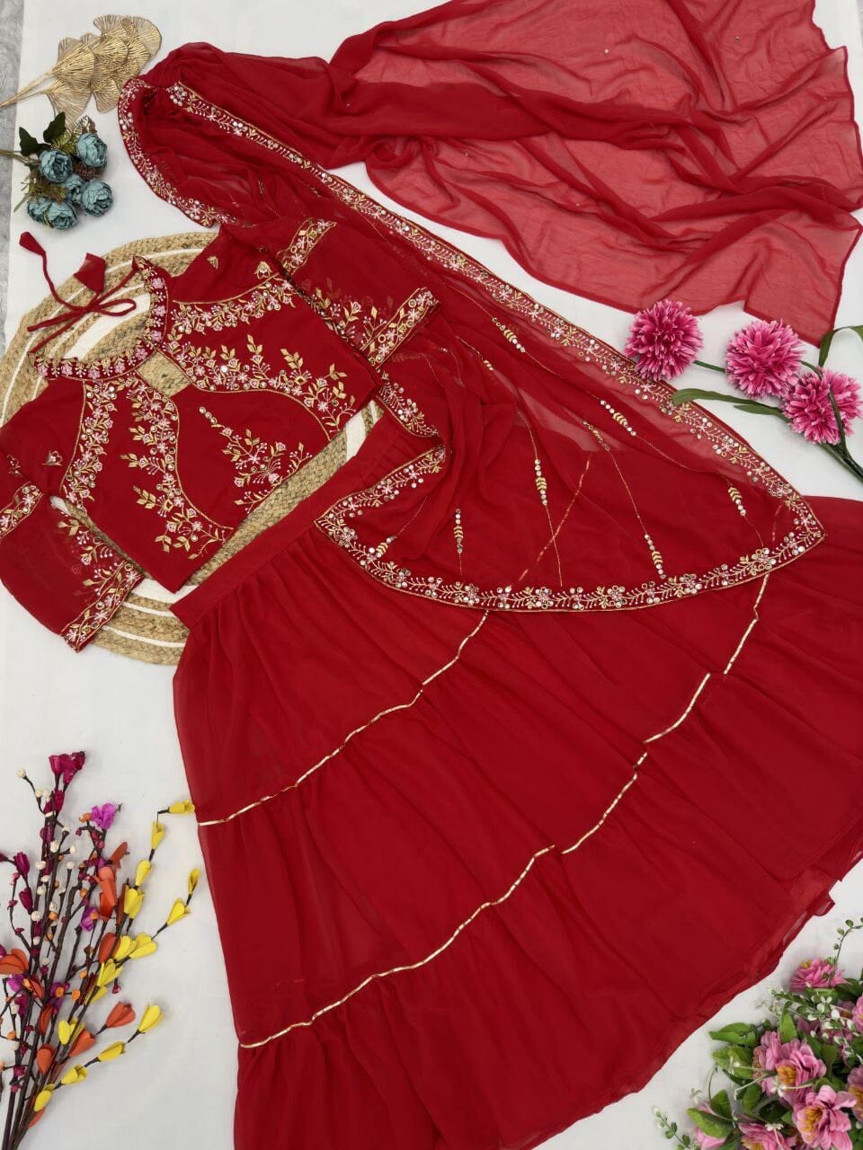 Red Georgette Ruffle Ready To Wear Saree With Readymade Blouse Ready to Wear Saree Shopin Di Apparels 