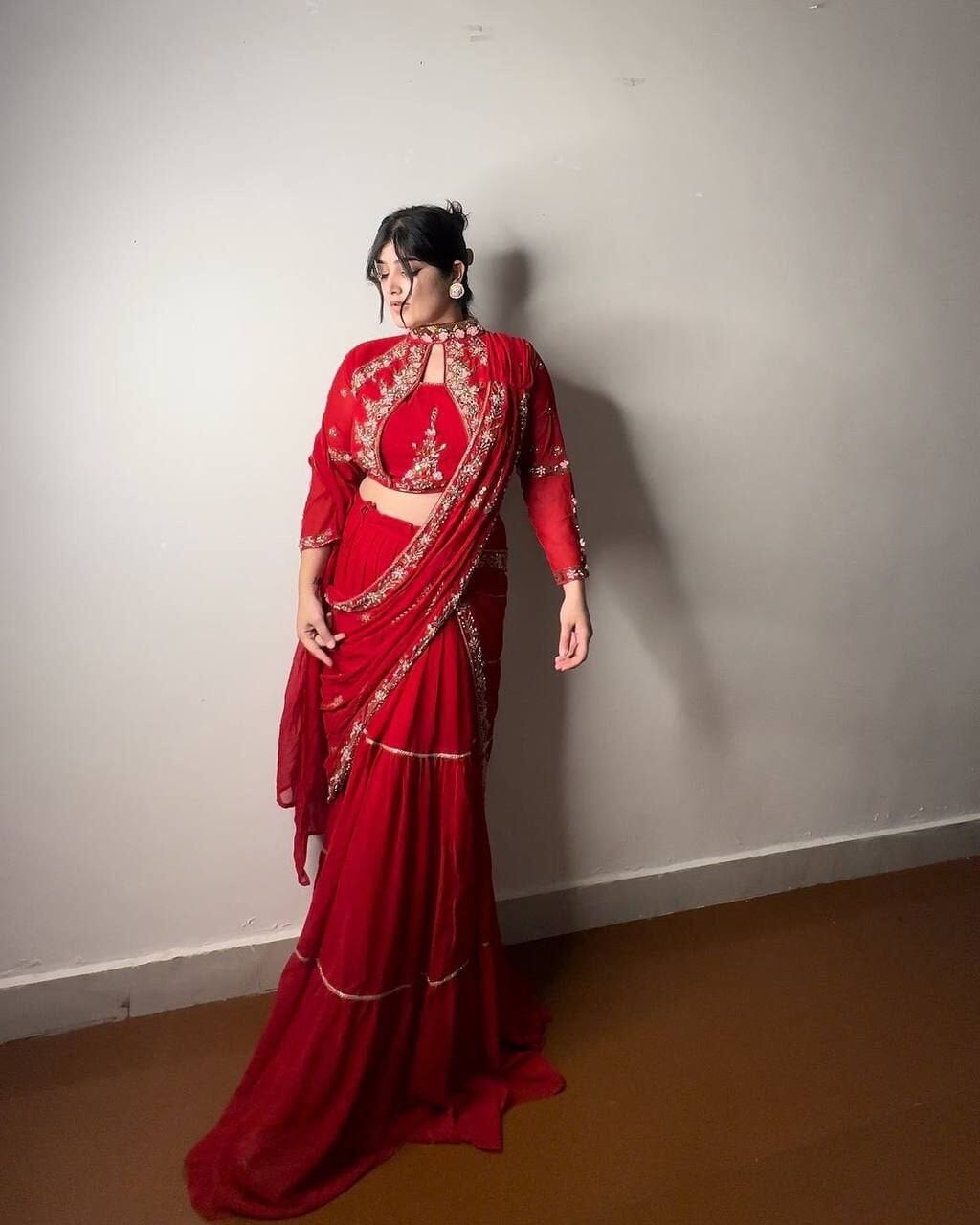 Red Georgette Ruffle Ready To Wear Saree With Readymade Blouse Ready to Wear Saree Shopin Di Apparels 