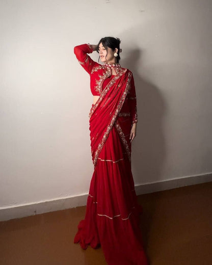 Red Georgette Ruffle Ready To Wear Saree With Readymade Blouse Ready to Wear Saree Shopin Di Apparels 