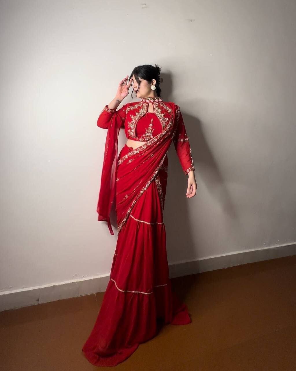 Red Georgette Ruffle Ready To Wear Saree With Readymade Blouse Ready to Wear Saree Shopin Di Apparels 