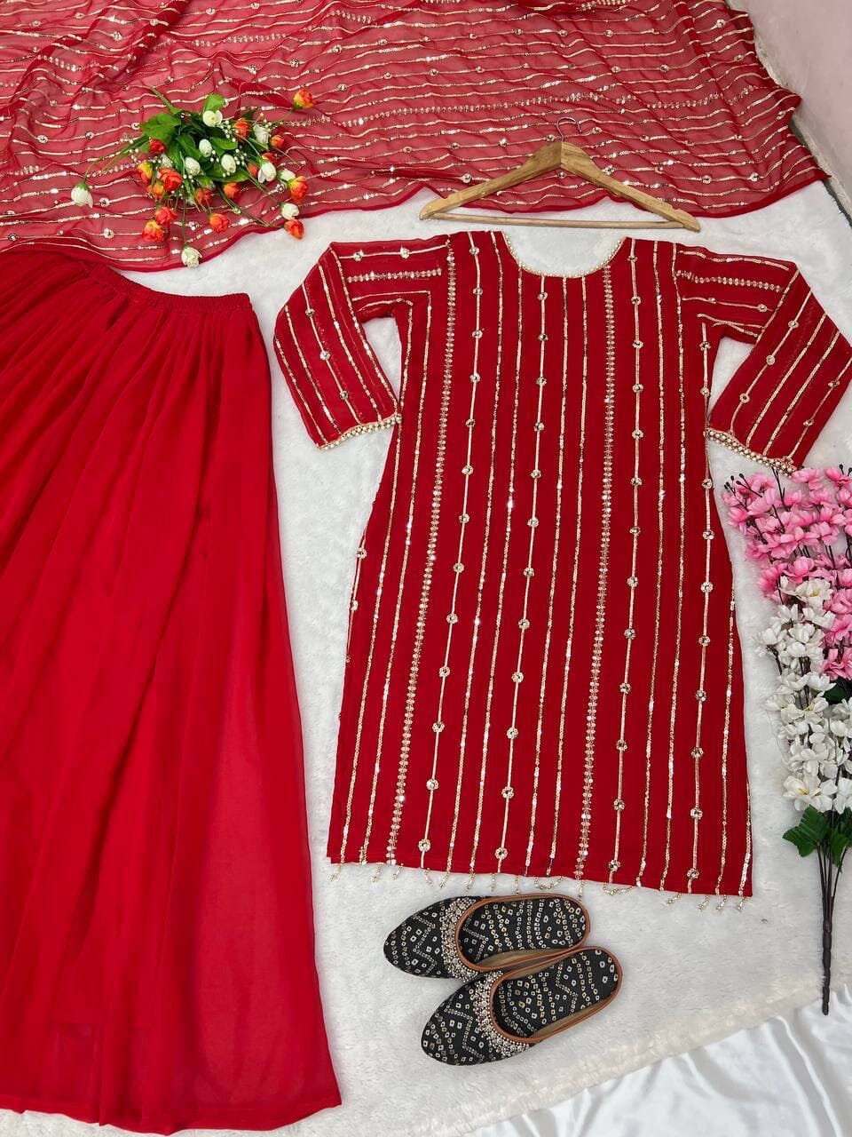 Red Heavy Faux Georgette With Heavy Embroidery Sequence Plazzo Suit Designer Suits Shopin Di Apparels 