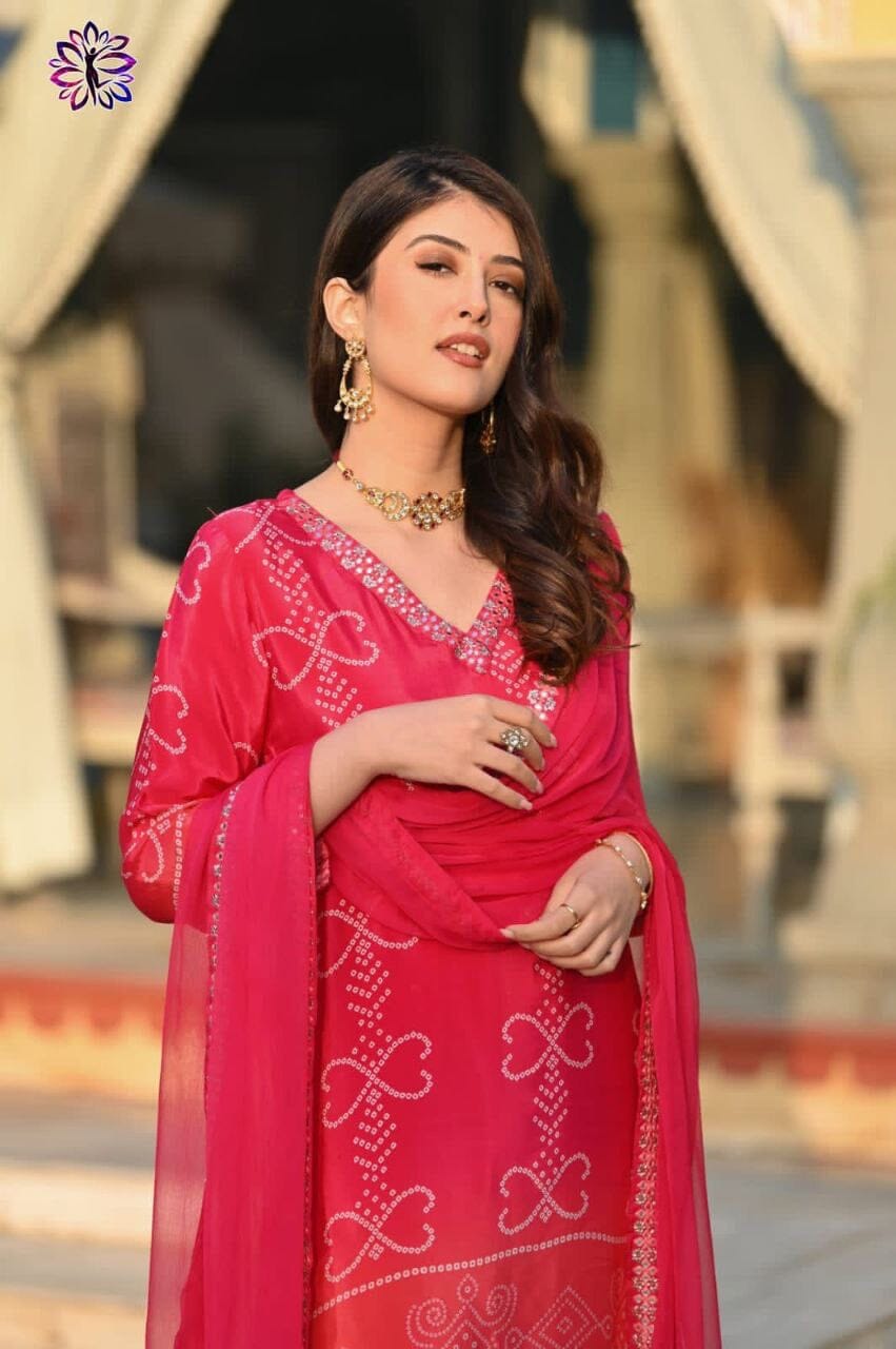 Red Soft Chinon Silk Embroidered Designer Readymade Suit Ready Made Designer Suits Shopin Di Apparels 