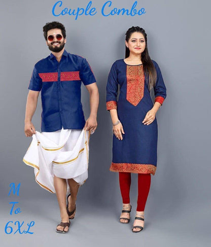 Royal Blue Cotton Slub with Jaquard Lace Kurti & Kurta Couple Combo Combo Shopin Di Apparels 