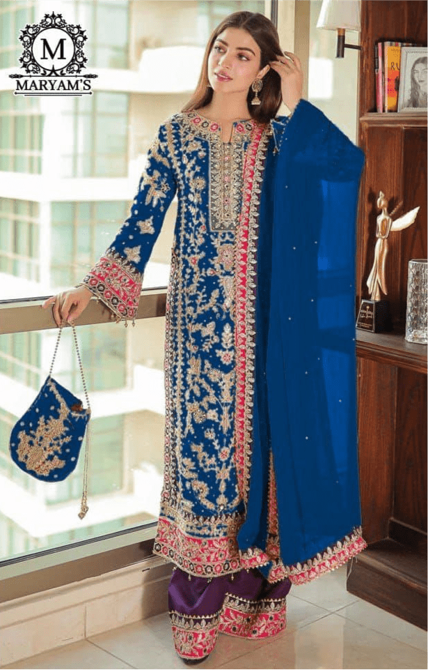 Royal Blue Purple Chinnon Silk Jari Sequence & Coding Embroidered Designer Pakistani Plazzo Suit Designer Suits Shopin Di Apparels 