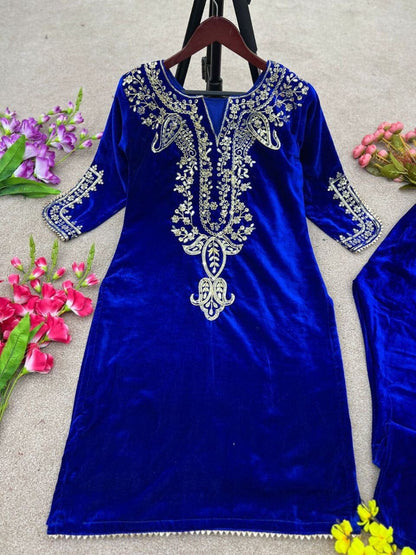 Royal Blue Velvet Party Wear Kurti with Matching Pant Set Kurti with Pant Shopin Di Apparels 