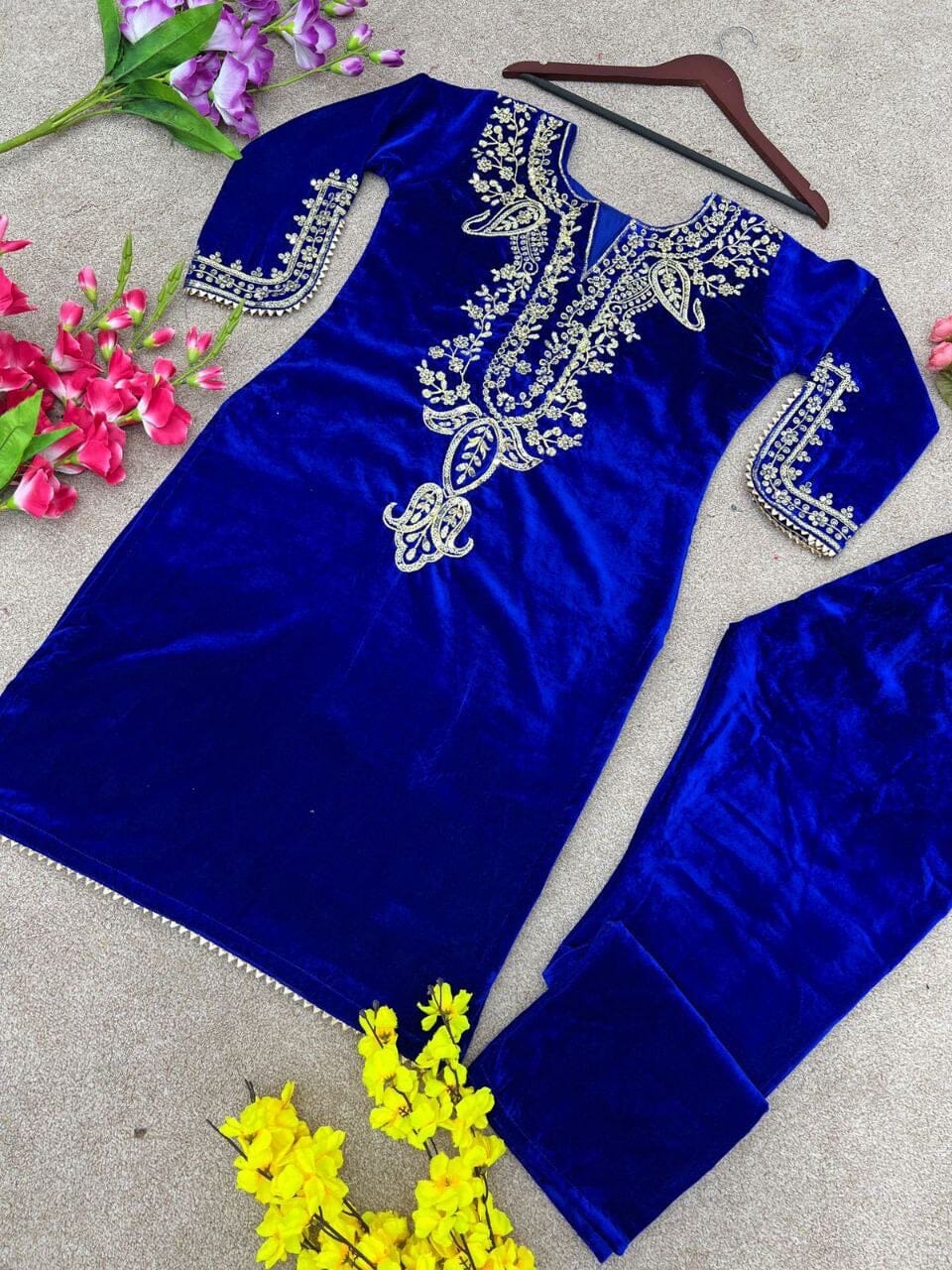 Royal Blue Velvet Party Wear Kurti with Matching Pant Set Kurti with Pant Shopin Di Apparels 