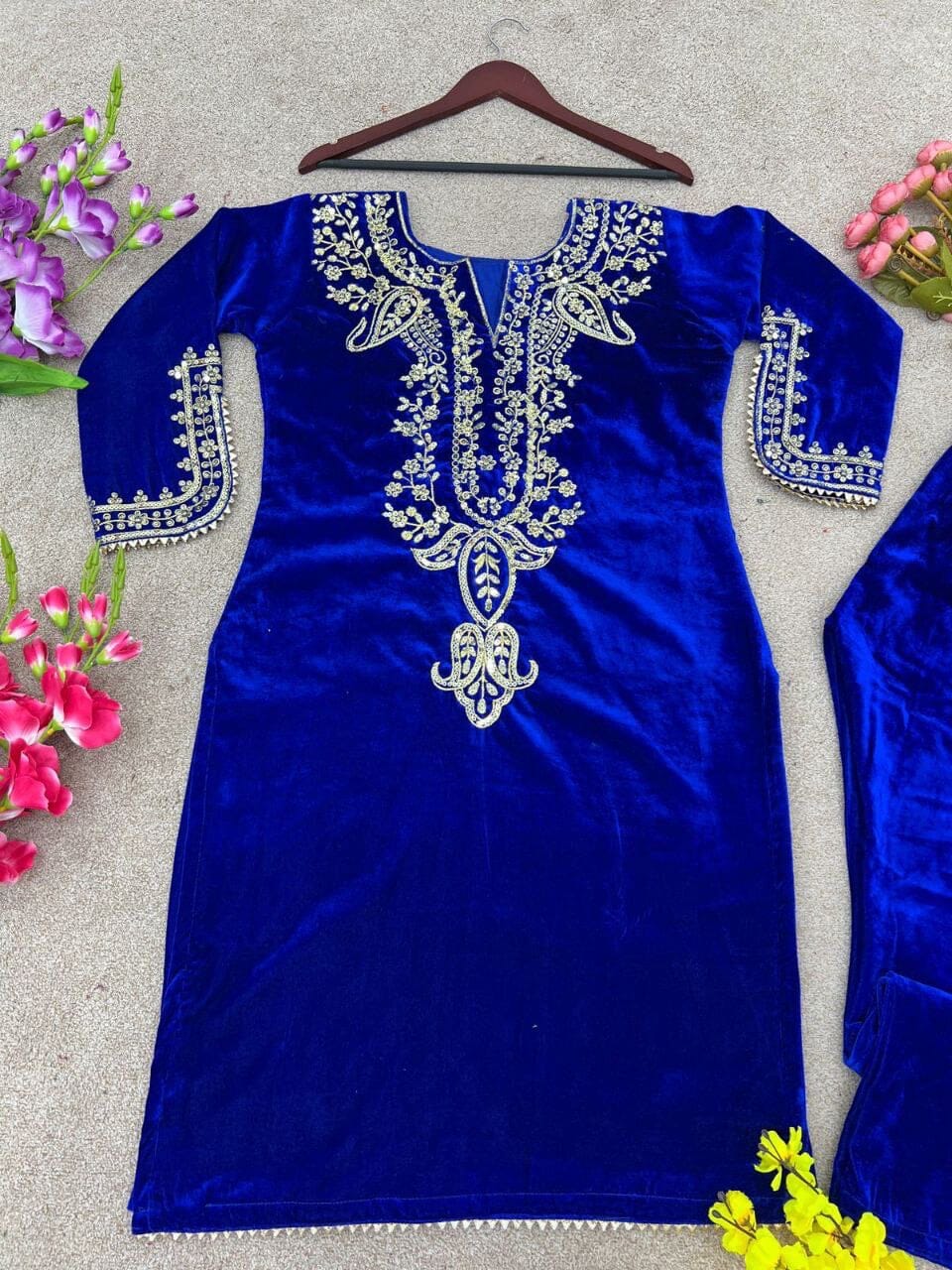 Royal Blue Velvet Party Wear Kurti with Matching Pant Set Kurti with Pant Shopin Di Apparels 