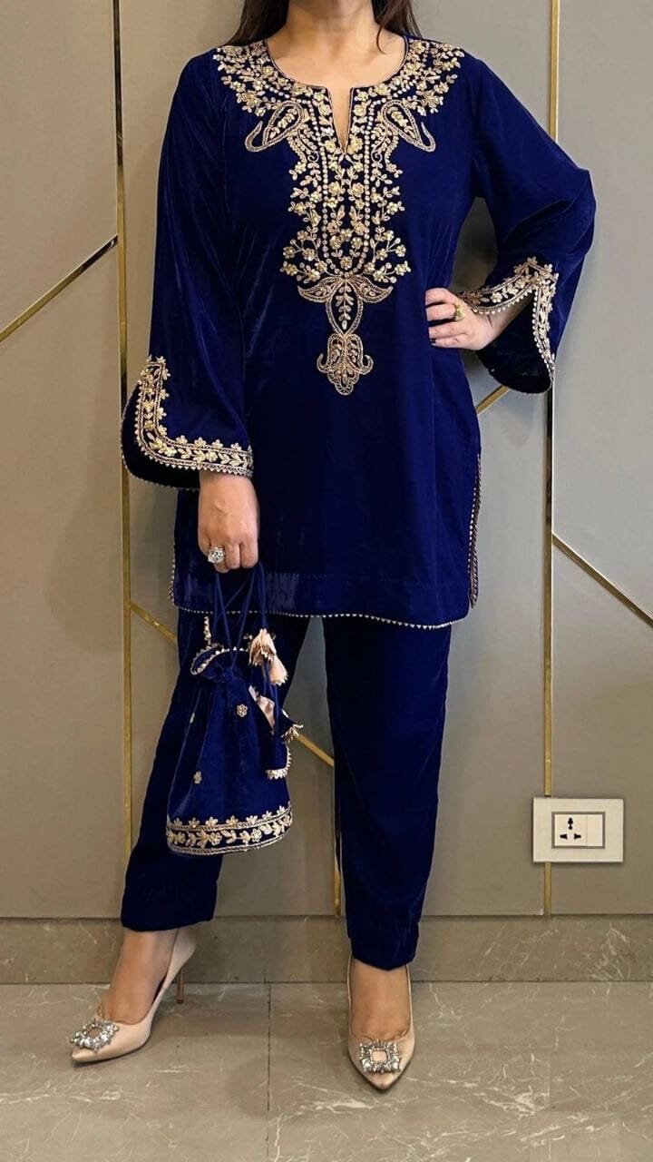 Royal Blue Velvet Party Wear Kurti with Matching Pant Set Kurti with Pant Shopin Di Apparels 