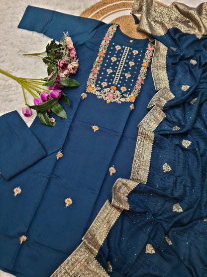 Royal Blue Viscose Chanderi with Sequence Coding Embroidery work Kurti with Dupatta and Pant Kurti with Bottom and Dupatta Shopin Di Apparels 